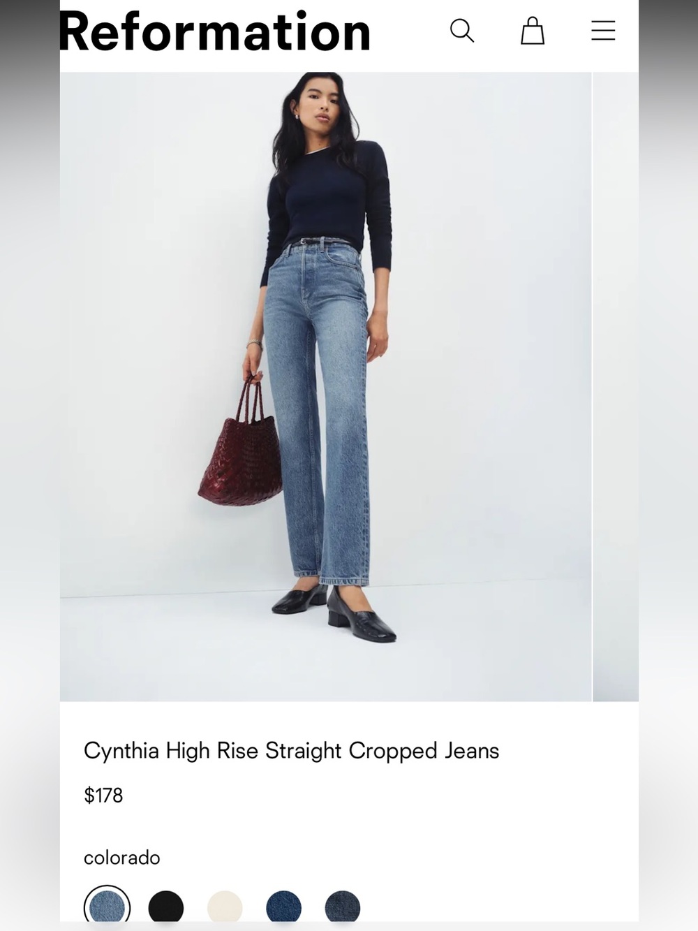 Reformation Cynthia High Rise Straight Cropped Jeans Colorado Blue Wash 29 30
